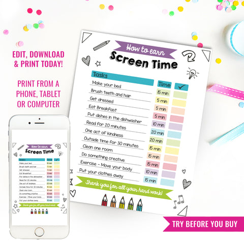 Screen Time Chart Checklist | Editable Printable Screen Time Chore Chart | Daily Screen Time Schedule