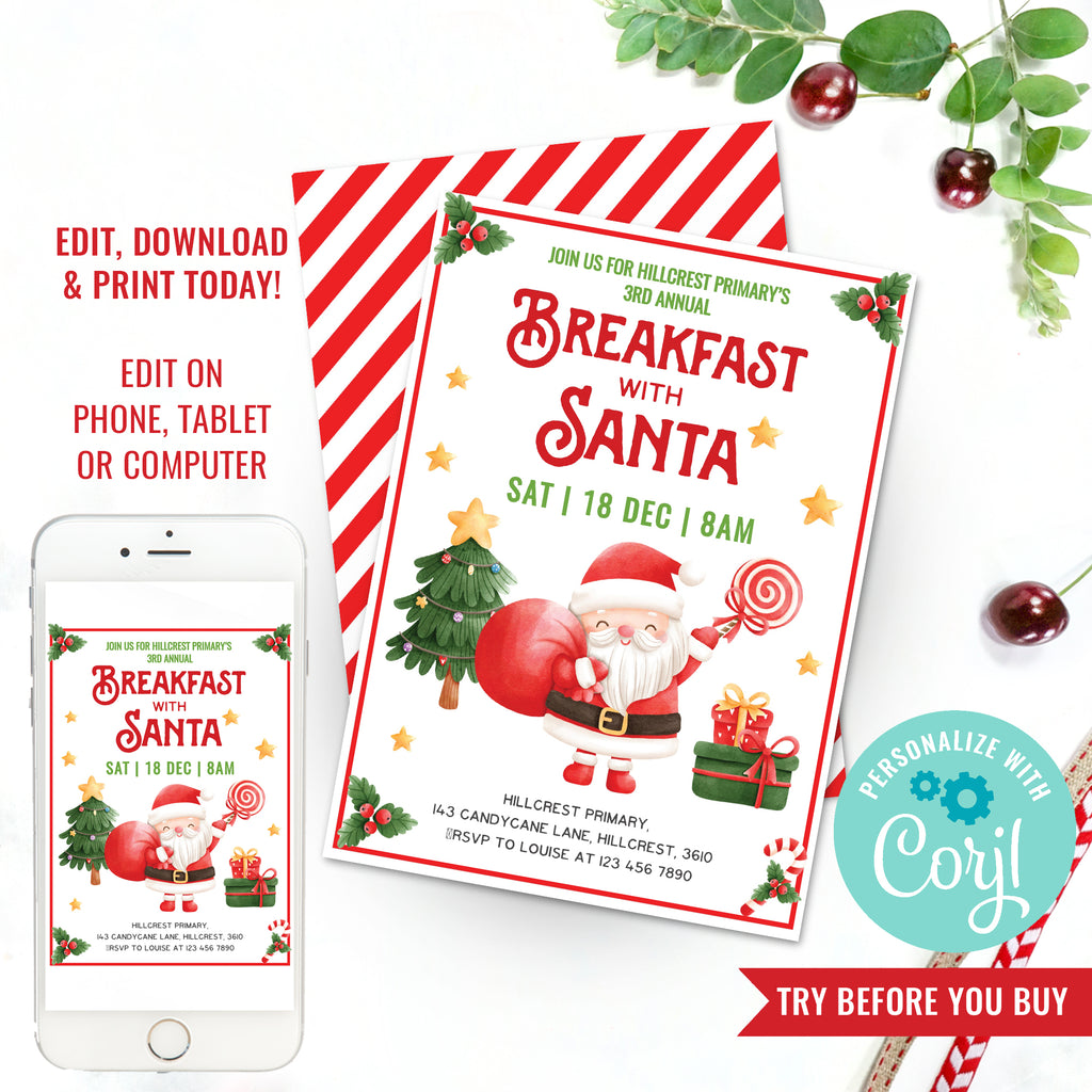 Breakfast with Santa Invitation | Christmas Party Invite | Brunch Christmas Party