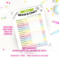 Kids Reward Chart Printable | Editable Reward Chart | Daily Routine Responsibility Reward Chart