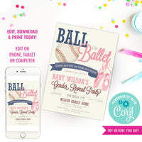 BASEBALL OR BALLET GENDER REVEAL PARTY INVITATION