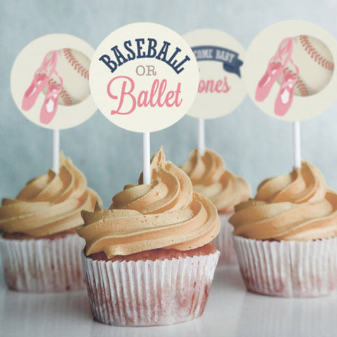 Baseball or Ballet Gender Reveal Cupcake Toppers