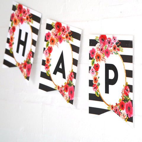 Black and White Stripe Floral Happy Birthday Banner