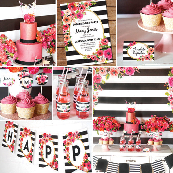 Black and White Stripe Floral Party Decorations – Sunshine Parties
