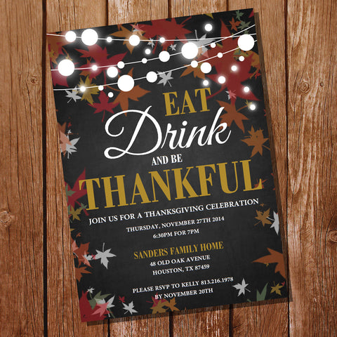 Chalkboard Thanksgiving Invitation |  Eat, Drink and Be Thankful 