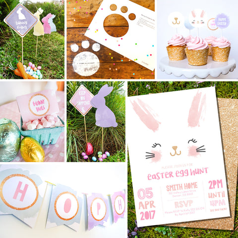 Easter Egg Hunt Full Printable Set | Invitation, Signs, Banner, Wrappers, Toppers, Labels, Footprint Stencil