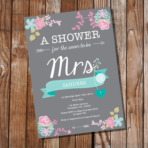 Shabby Chic Gray Floral Bridal Shower Invitation 