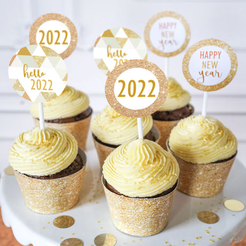 Glamorous Gold Glitter New Years Cupcake Toppers and Wrappers
