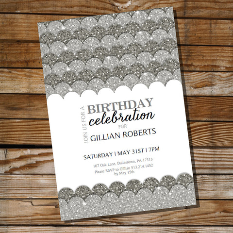 Silver Glitter Birthday Party Invitation | Black and Silver Invitation