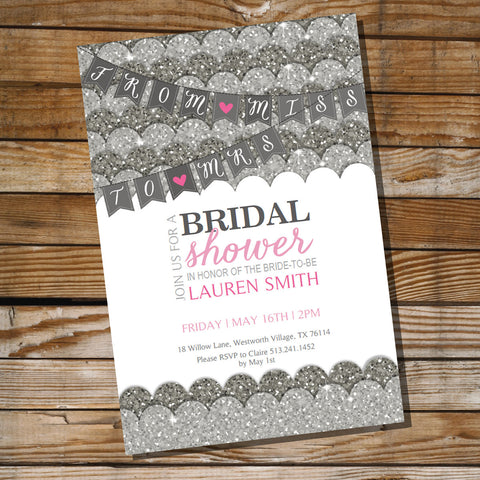 Silver Glitter and Pink Bridal Shower Invitation | Bachelorette Invitation