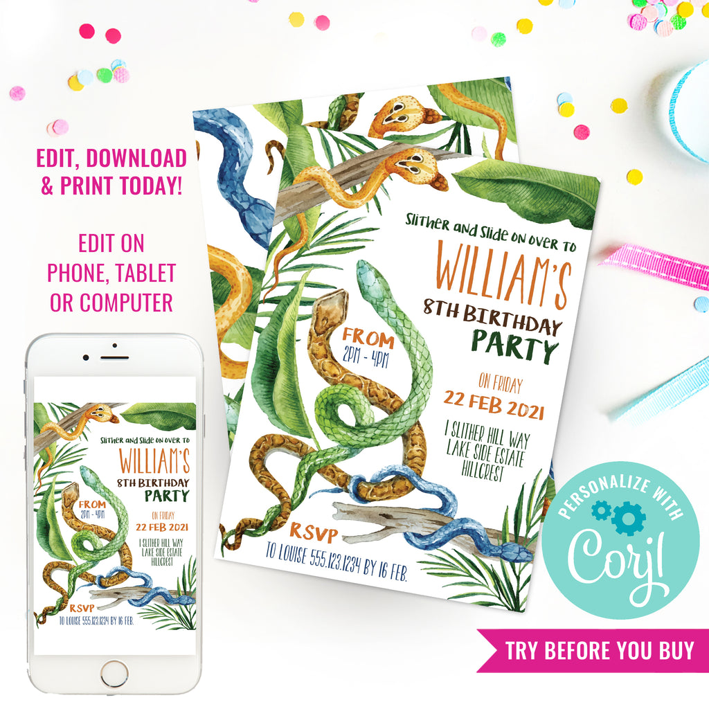 Snake Party Birthday Invitation