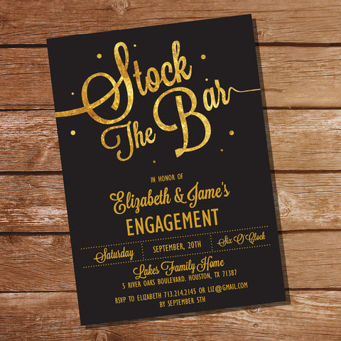 Stock The Bar Black and Gold Couples Shower Invitation