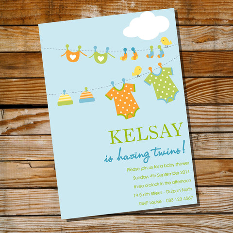 Clothes Line Twin Baby Shower Invitation