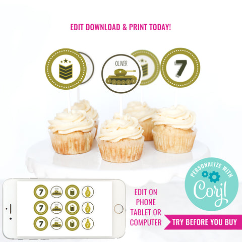 Army Tank Birthday Party Cupcake Toppers | Modern Army Party Toppers