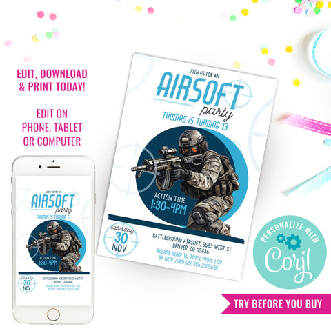 Airsoft Birthday Party Invitation for a Boy | Air Soft Party Invite