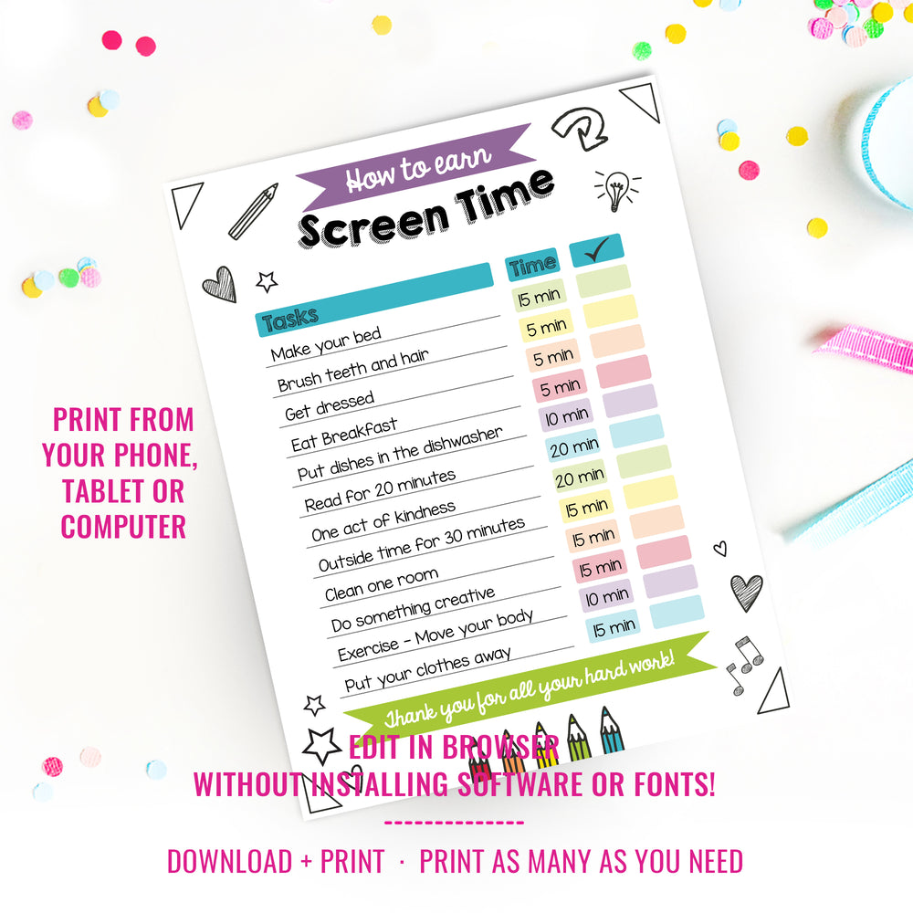 Screen Time Chart Checklist Editable Printable Screen Time Chore Cha