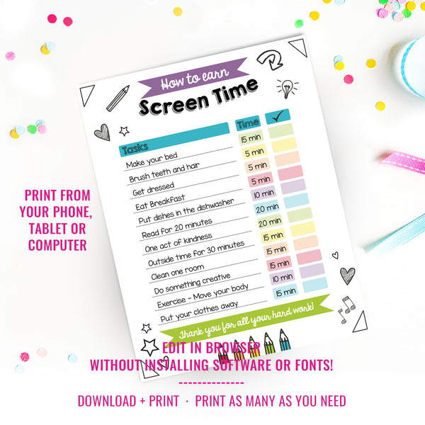 Screen Time Chart Checklist | Editable Printable Screen Time Chore Cha ...