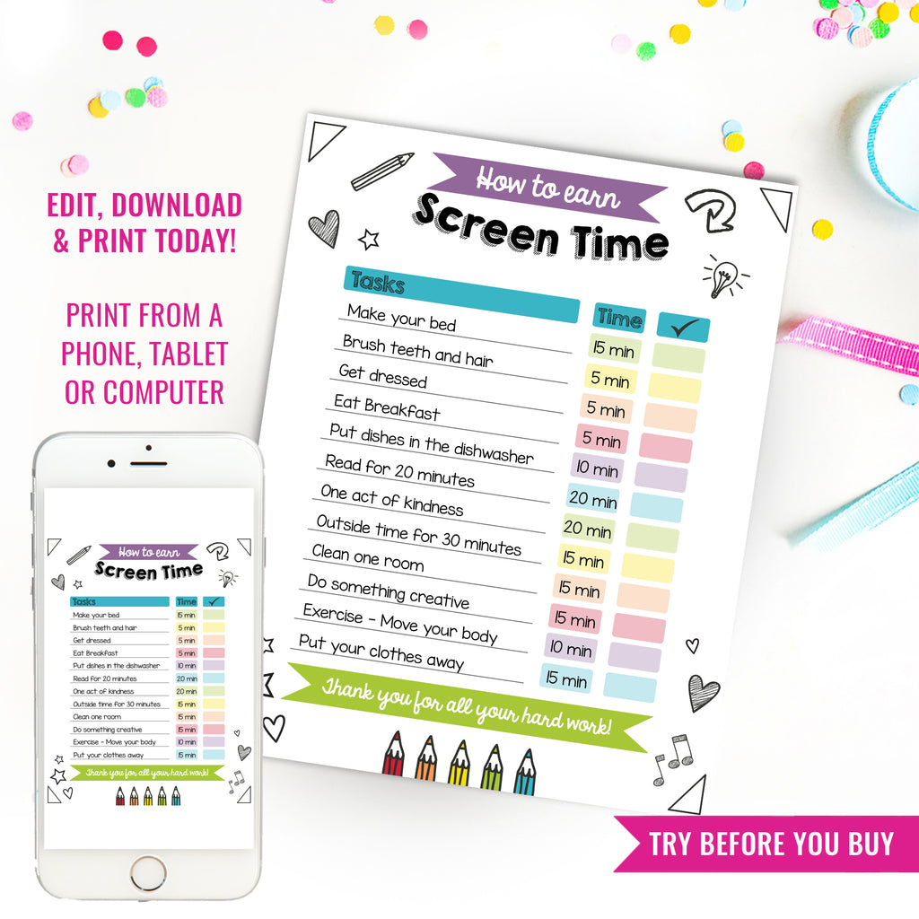 Screen Time Chart Checklist | Editable Printable Screen Time Chore Cha – Sunshine Parties screen-time-chart-checklist-editable-printable-screen-time-chore-cha-sunshine-parties