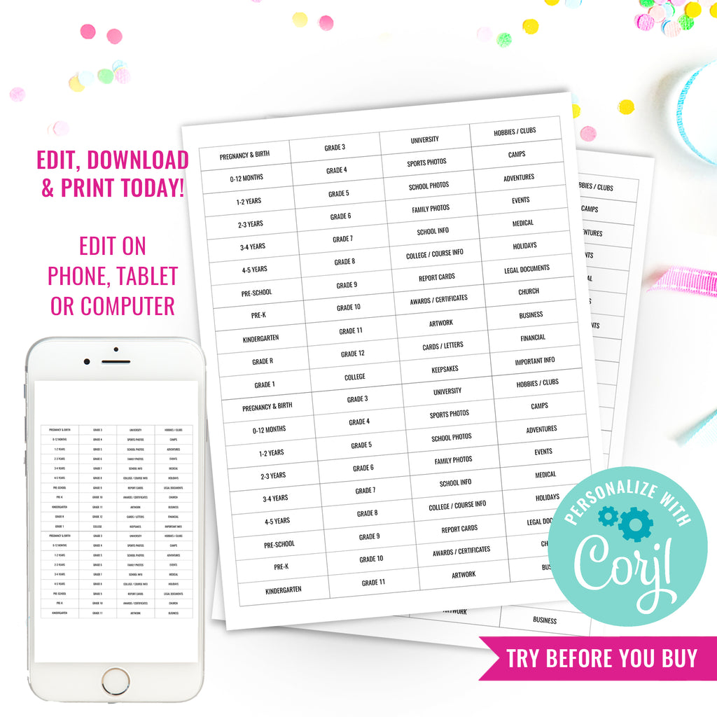 Printable Milestone tote Labels | School File Folder Labels | Printabl ...