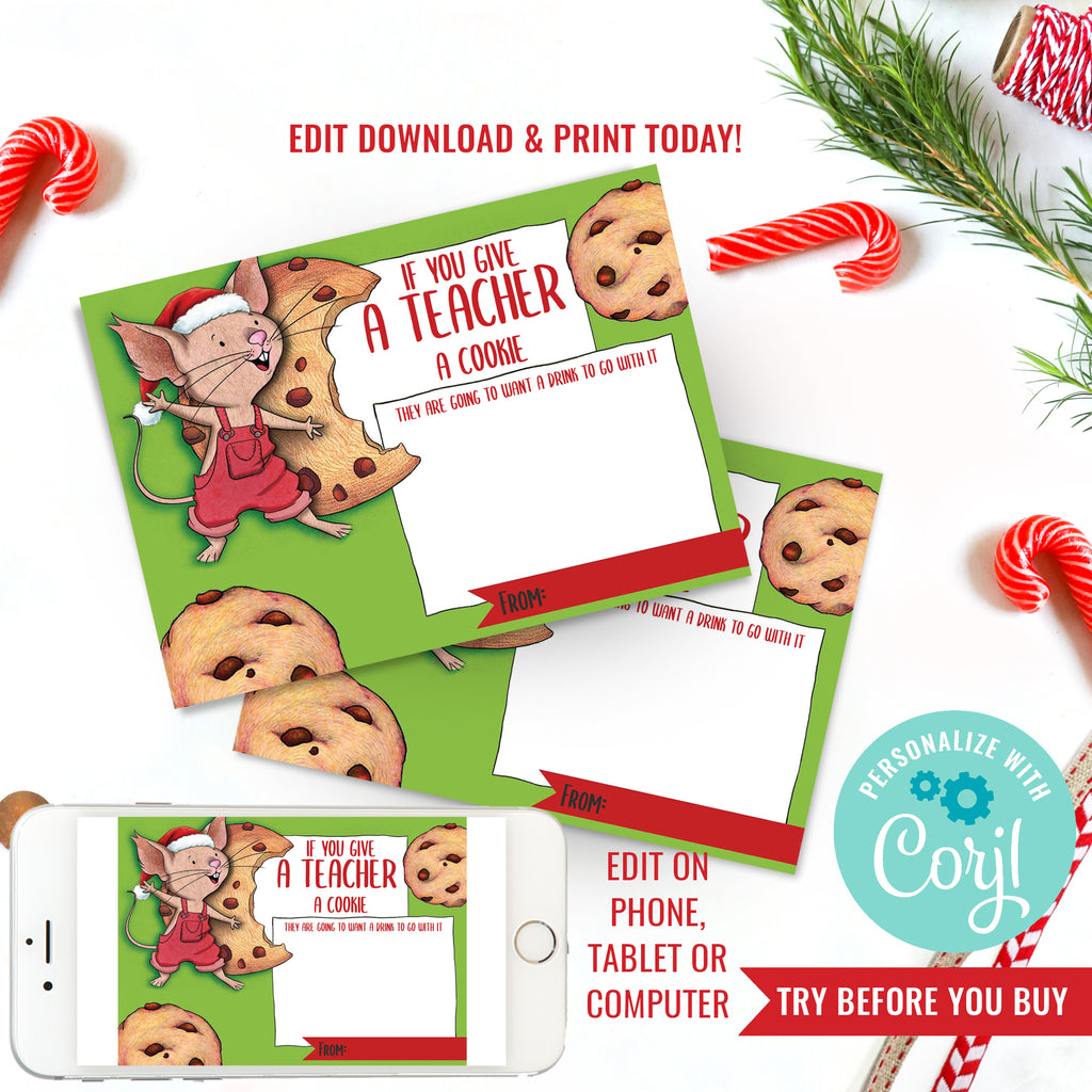 If You Give a Teacher a Cookie Printable Teacher Appreciation Coffee Gift Card Holder Christmas Teacher Gift  | DIY Christmas Gift Card | DIY Teachers Gift Coffee Gift Card