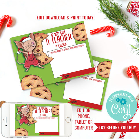 If You Give a Teacher a Cookie Printable Teacher Appreciation Coffee Gift Card Holder Christmas Teacher Gift  | DIY Christmas Gift Card | DIY Teachers Gift Coffee Gift Card