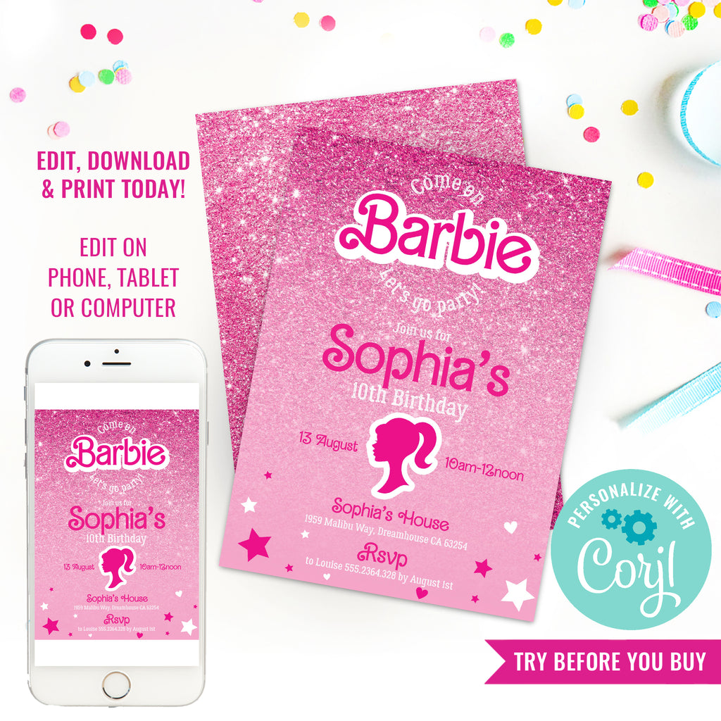 Barbie Party Invitation | Pink Doll Party Invitation | Tween Girls Party Invitation | Slumber Party Invitation