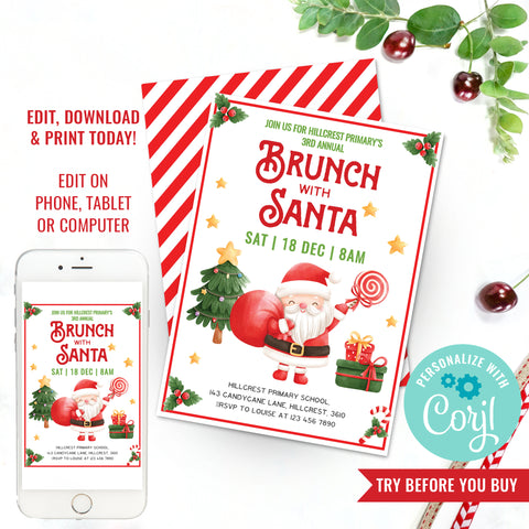 Brunch with Santa Invitation | Christmas Party Invite | Breakfast Christmas Party