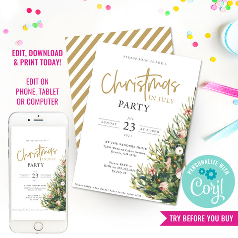 Christmas in July Party Invitation | Christmas Watercolor Invitation | Holiday Party Invitation