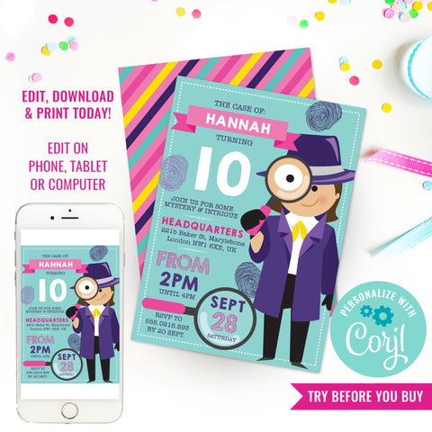 Detective Party Invitation for Girls | Secret Agent Birthday Party Invitation | Girl Spy Party Invitation