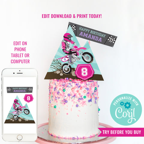 Dirt Bike Birthday Party Cake Topper for Girls | Girls Motorbike Party Cake | Motocross Party