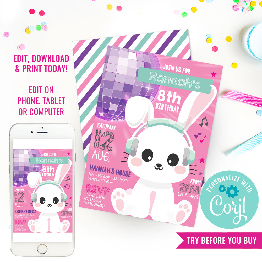 Bunny Rabbit Party Invitations DJ Disco Bunny Birthday Party Invitation | DJ Bunny Rabbit Party Invit ...