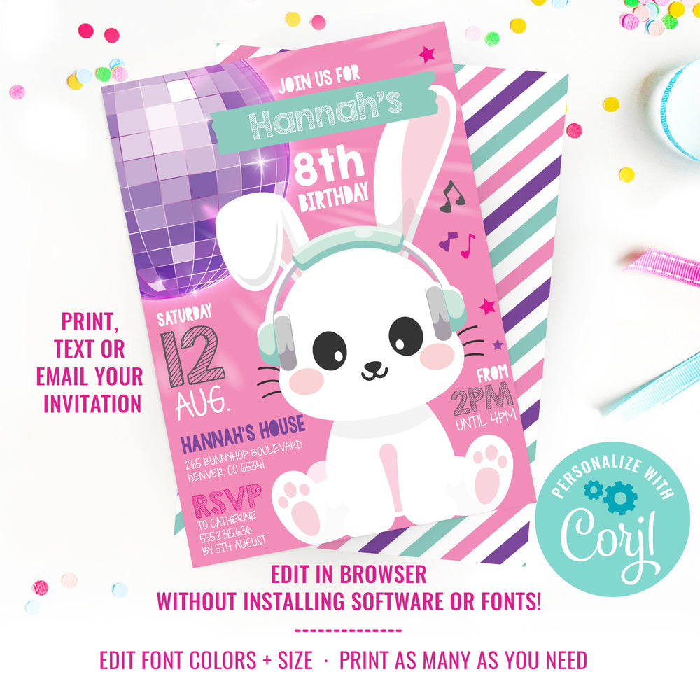 Bunny Rabbit Party Invitations DJ Disco Bunny Birthday Party Invitation | DJ Bunny Rabbit Party Invit ...