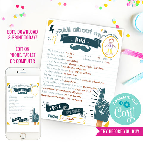 Father's Day Gift from Kids | Father's Day Gift Ideas for Dad | All About My Dad Printable