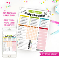 Kids Daily School Checklist Schedule Printable | Editable Chore Chart | Weekly Routine Responsibility Chart