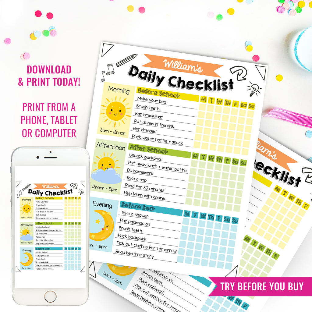 Kids Daily School Checklist Schedule Printable | Editable Chore Chart | Daily Routine Responsibility Chart