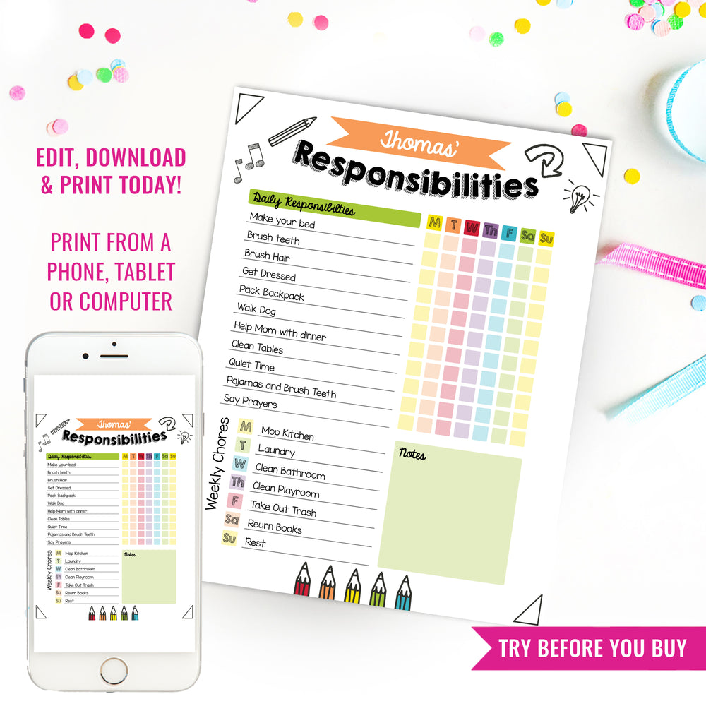 Printable Routine Responsiblity Chat Kids Daily School Checklist Schedule Printable | Editable Chore Chart ...