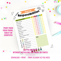 Kids Daily Responsibilities Chart Printable | Editable Chore Chart | Daily Routine Responsibility Chart