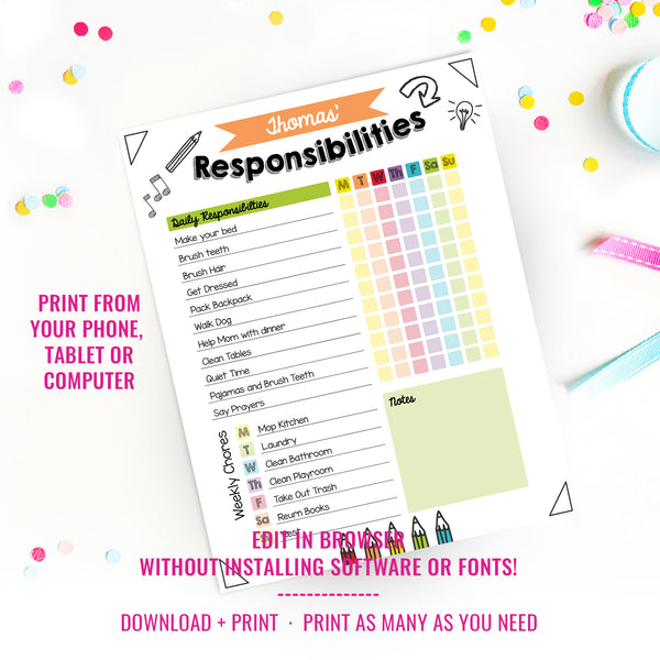 Kids Daily School Checklist Schedule Printable | Editable Chore Chart ...