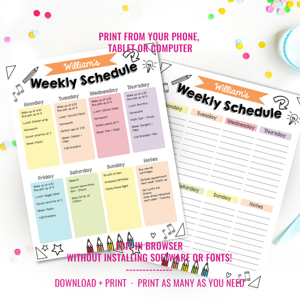 Kids School Checklist Daily Schedule Printable | Editable Chore Chart ...