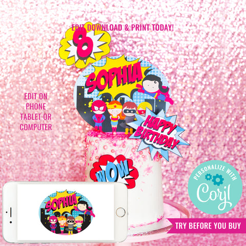 Girl Superhero Party Cake Topper | Pink Superhero Digital Cake Topper