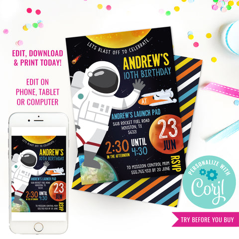 Space Astronaut Birthday Party Invitation