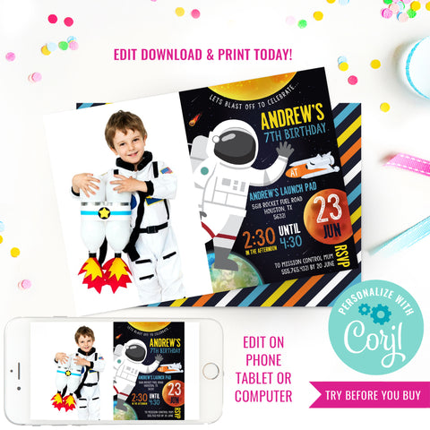 Space Astronaut Birthday Party Photo Invitation