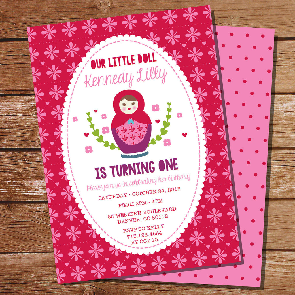 Babushka Doll Invitation for a First Birthday party for a little Girl