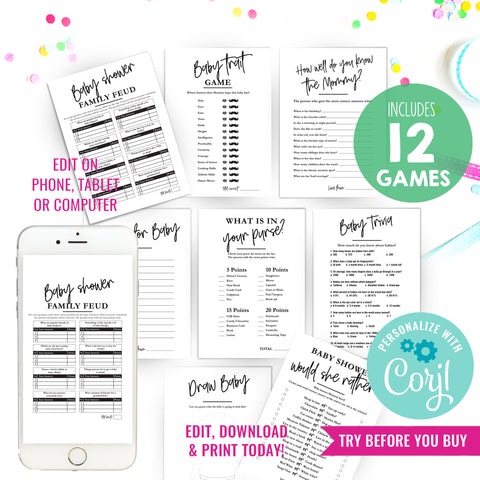 Modern Editable Baby Shower Games | Baby Shower Games Bundle | Printable Baby Party Games