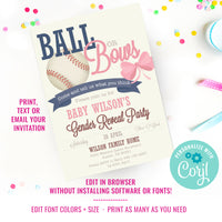 Baseball or Bows Gender Reveal Party Invitation