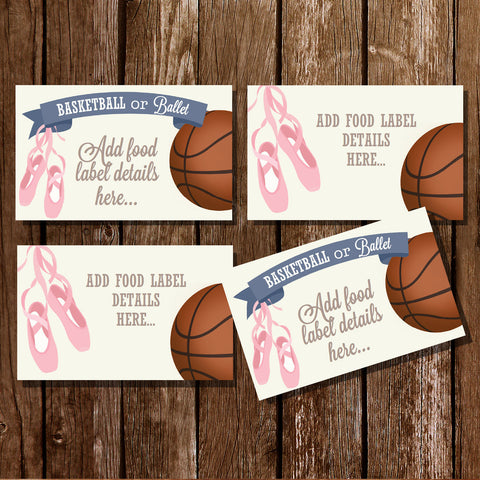 Basketball or Ballet Gender Reveal Food Label Tent Cards