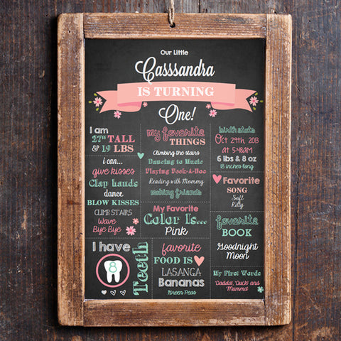 Chalkboard First Birthday Party Poster For A Girl | First Birthday Sign