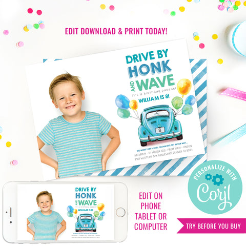 Boys Drive By Birthday Parade Invitation
