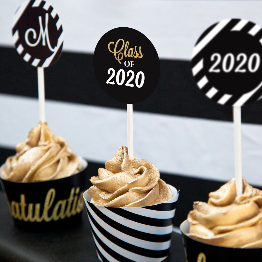 Graduation Cupcake Toppers and Wrappers - Black and Gold