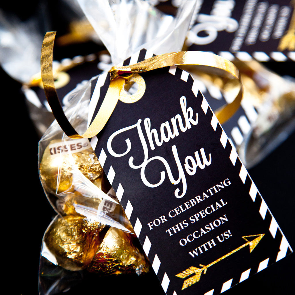 Graduation party thank you favor tags in black, white and gold
