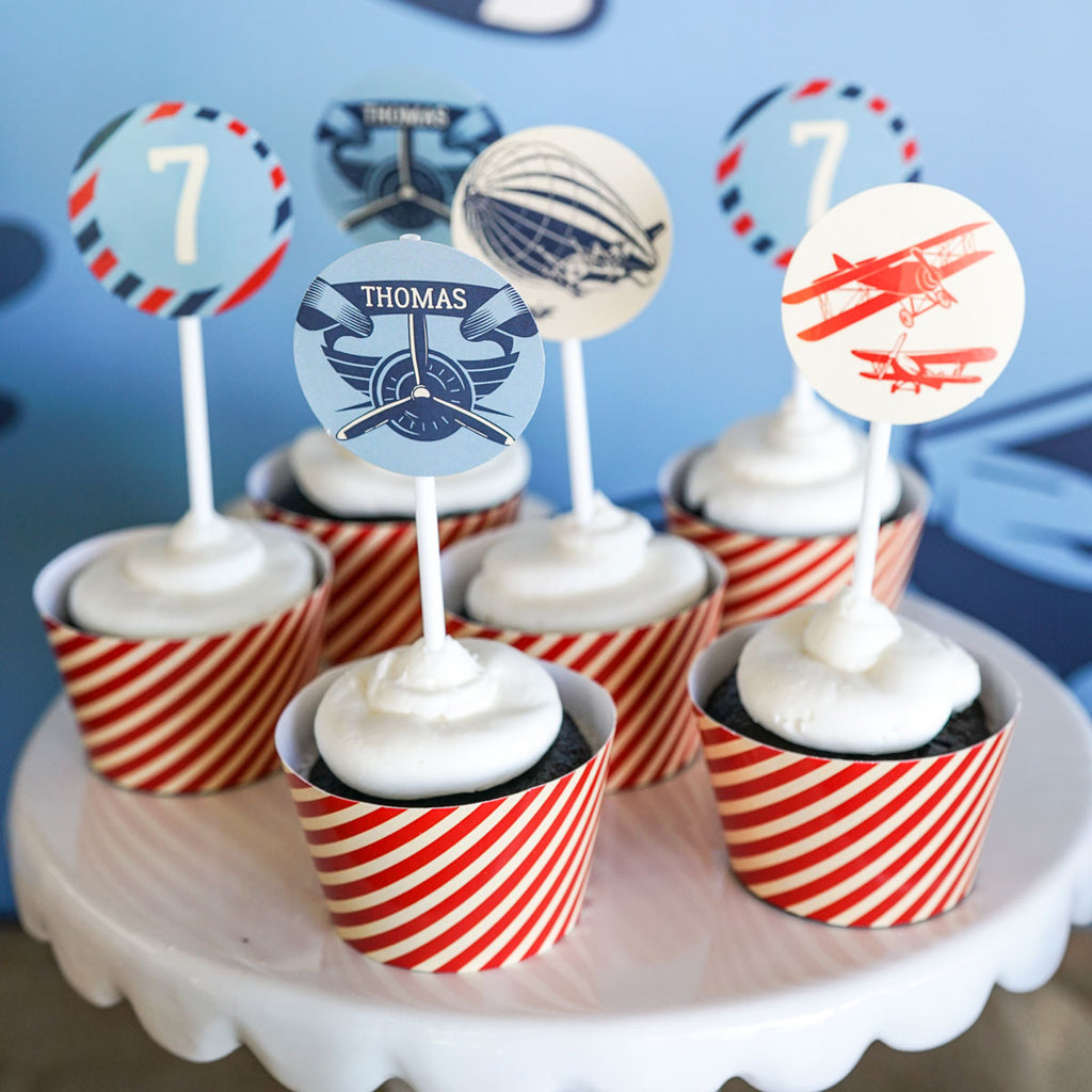 Blimp and Biplane Vintage Airplane Cupcake Wrappers and Toppers